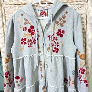 Johnny Was Sweatshirt "Zuzu" Embroidered Tiered Zip Hoodie (Grey)  LG $270 new